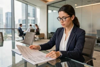 Auditrice Big Four analysant des rapports financiers dans un bureau moderne avec vue sur la ville, illustrant les spécialisations en audit externe