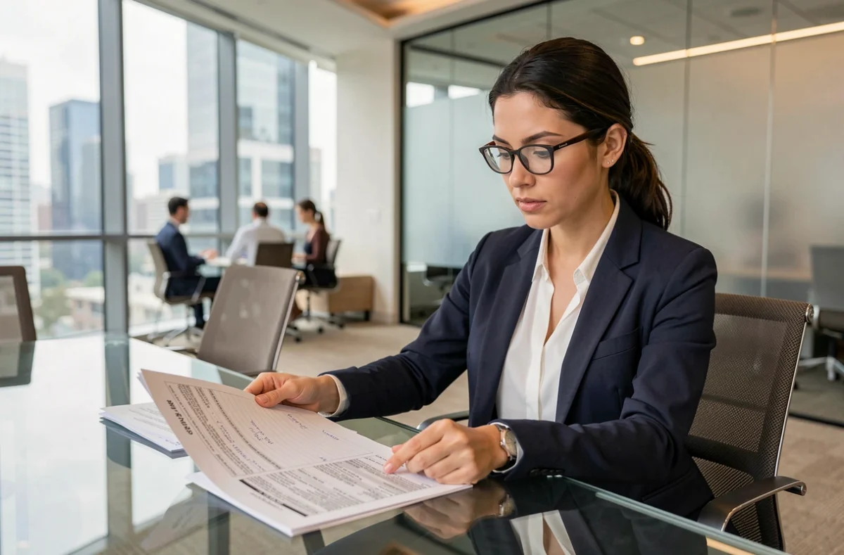 Auditrice Big Four analysant des rapports financiers dans un bureau moderne avec vue sur la ville, illustrant les spécialisations en audit externe
