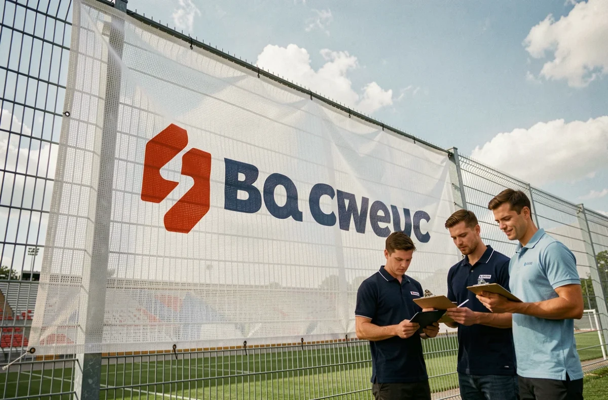 Banderole en polyester mesh installée sur une clôture de site sportif extérieur, résistante au vent, avec personnel événementiel au premier plan