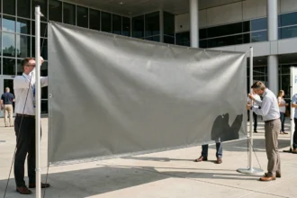 Banderole professionnelle en vinyle mat tendue entre deux poteaux aluminium lors d'un salon extérieur, avec œillets métalliques et bords renforcés