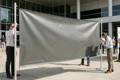 Banderole professionnelle en vinyle mat tendue entre deux poteaux aluminium lors d'un salon extérieur, avec œillets métalliques et bords renforcés