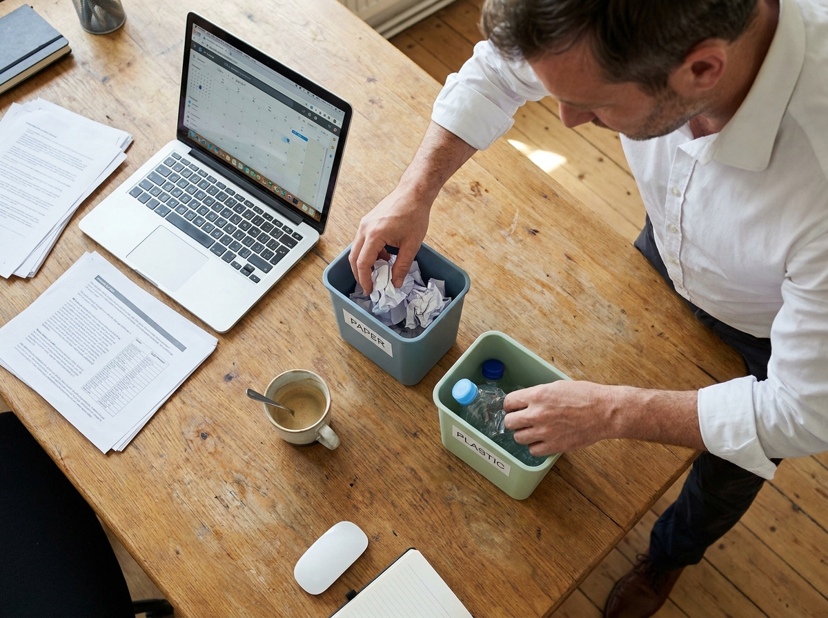 Vue de dessus d'un bureau d'entreprise avec de petits bacs de tri sélectif posés à côté d'un ordinateur portable et de documents de travail