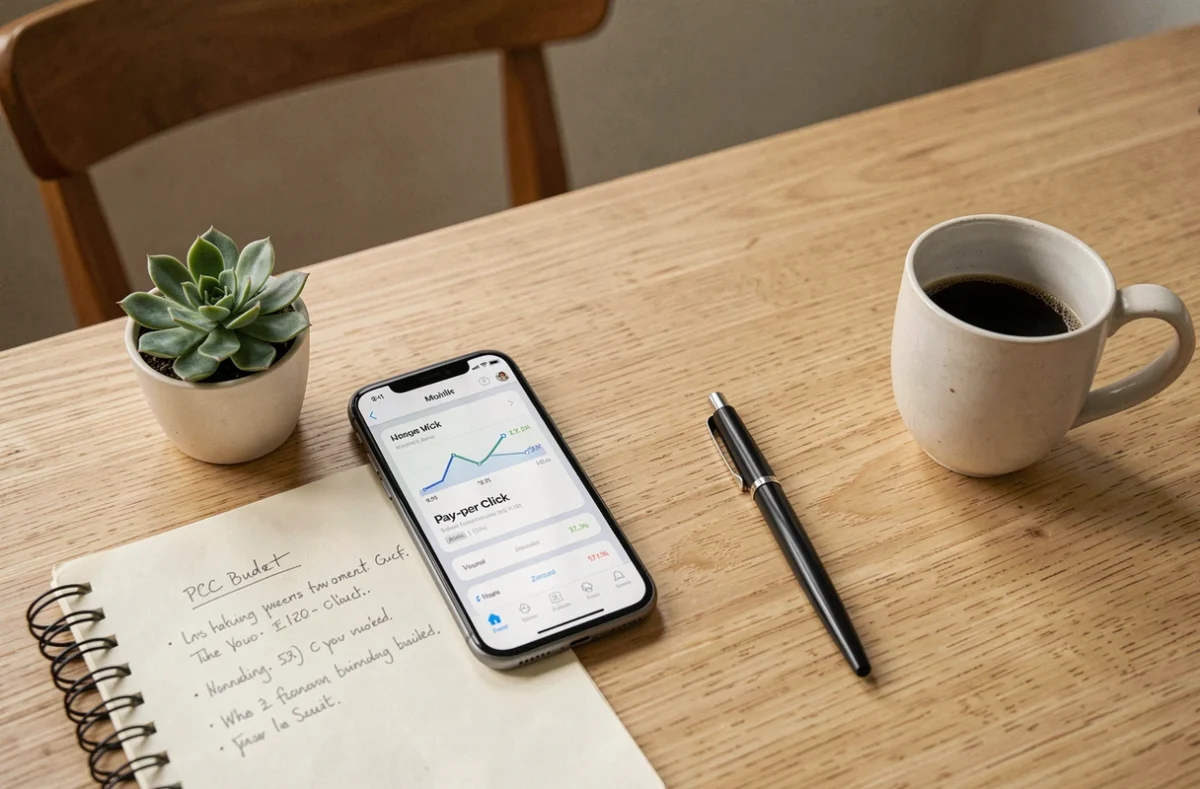 Vue de dessus d'un bureau avec smartphone affichant des statistiques PPC, carnet de notes et accessoires de planification digitale