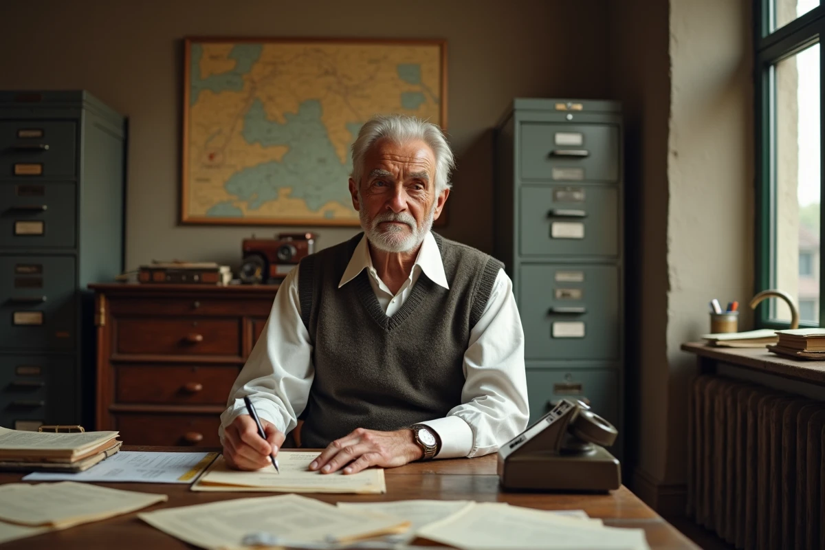 Homme âgé écrivant à son bureau avec documents de transport