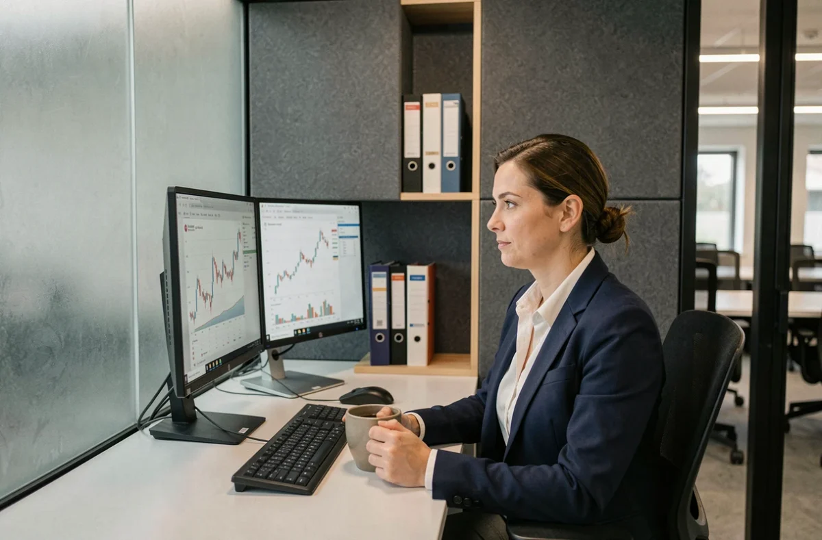 Femme entrepreneur travaillant dans un espace privé de coworking à Cachan avec double écran et cloisons acoustiques