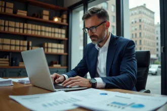 Entrepreneur en costume calculant les frais de cession d'un fonds de commerce sur un ordinateur portable avec des documents financiers