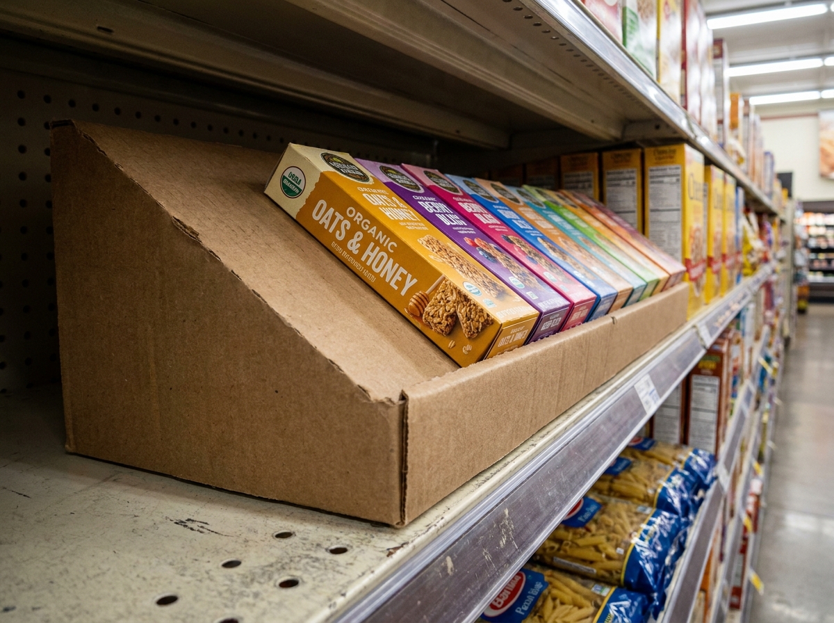 Cale produit inclinée en carton sur une étagère de rayon améliorant la visibilité et le facing des produits