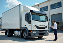 Camion utilitaire moderne devant un entrepôt d'entreprise