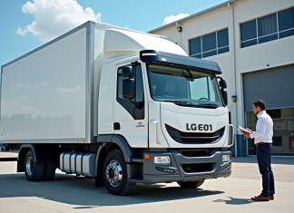 Camion utilitaire moderne devant un entrepôt d'entreprise