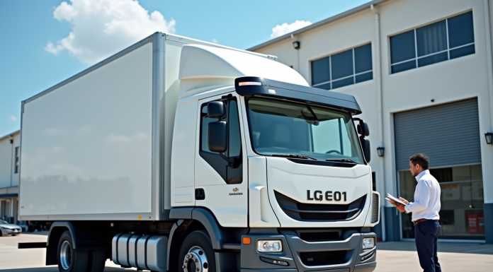 Camion utilitaire moderne devant un entrepôt d'entreprise