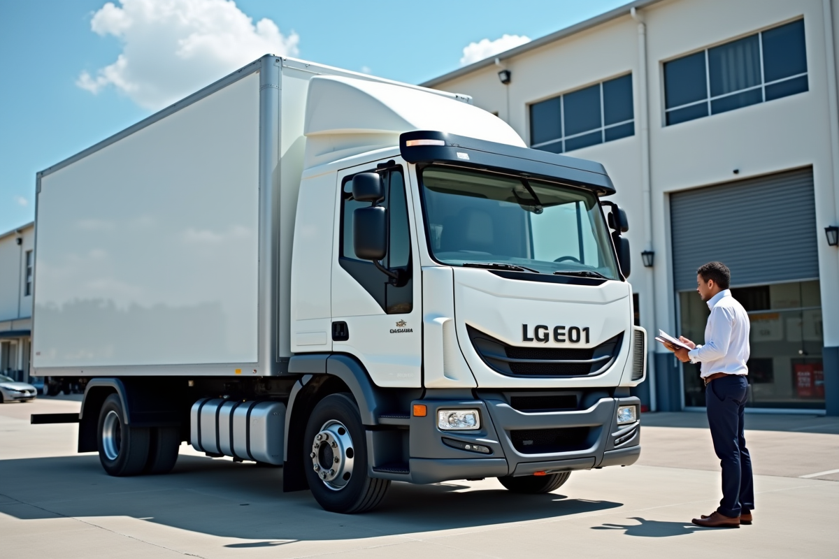 Camion utilitaire moderne devant un entrepôt d'entreprise