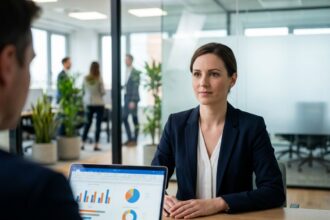 Candidate en entretien d'embauche présentant ses compétences en intelligence artificielle et data à un recruteur dans un bureau moderne
