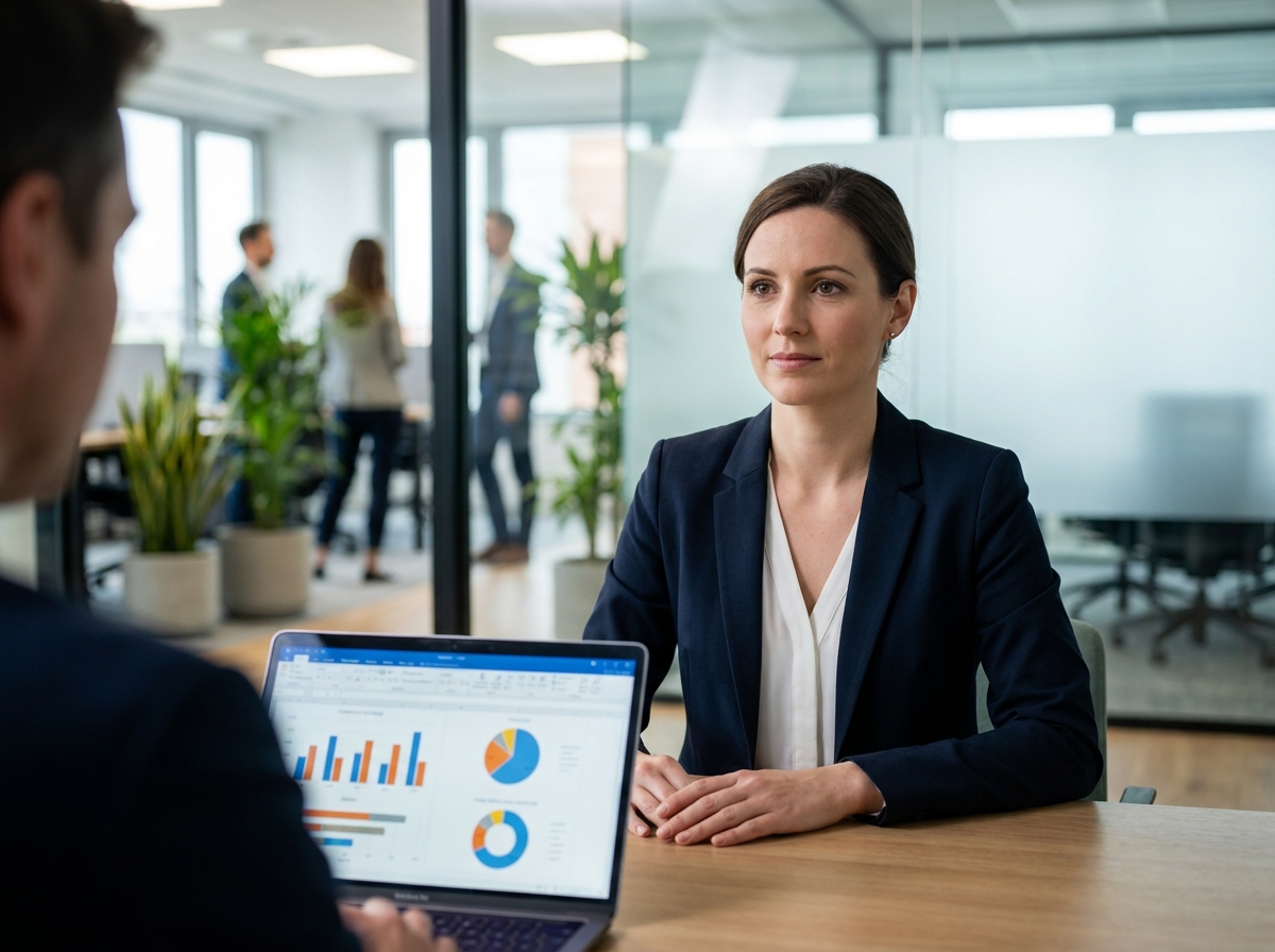 Candidate en entretien d'embauche présentant ses compétences en intelligence artificielle et data à un recruteur dans un bureau moderne