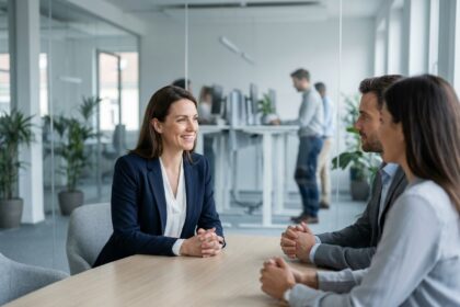 Candidate professionnelle en entretien dans un bureau moderne, illustrant une marque employeur attractive pour les candidats en poste