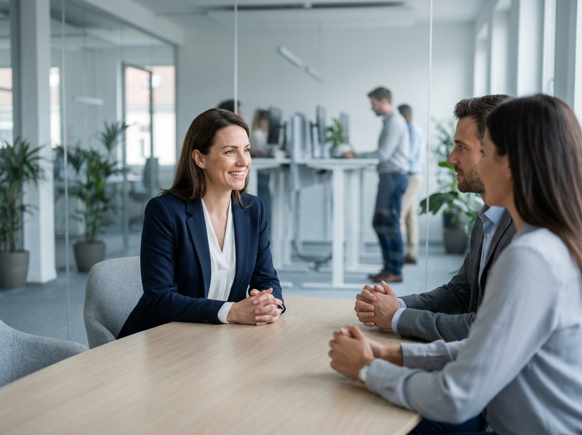 Candidate professionnelle en entretien dans un bureau moderne, illustrant une marque employeur attractive pour les candidats en poste