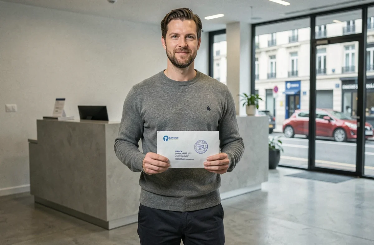 Entrepreneur récupérant son courrier professionnel dans un centre de domiciliation à Nancy