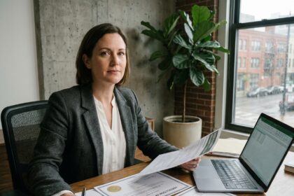 Femme d'affaires étudiant des documents de certification environnementale à son bureau dans un bureau moderne