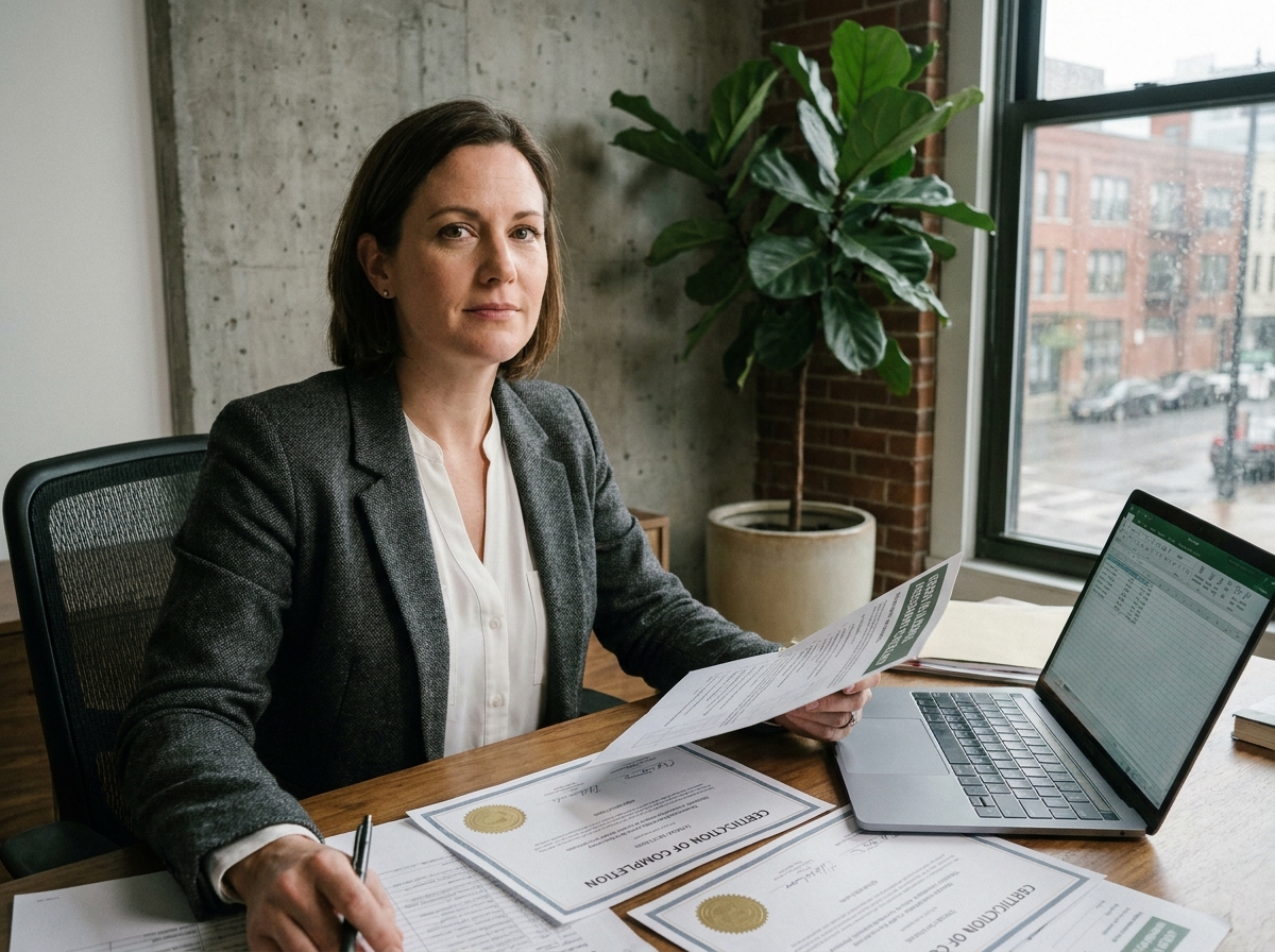 Femme d'affaires étudiant des documents de certification environnementale à son bureau dans un bureau moderne
