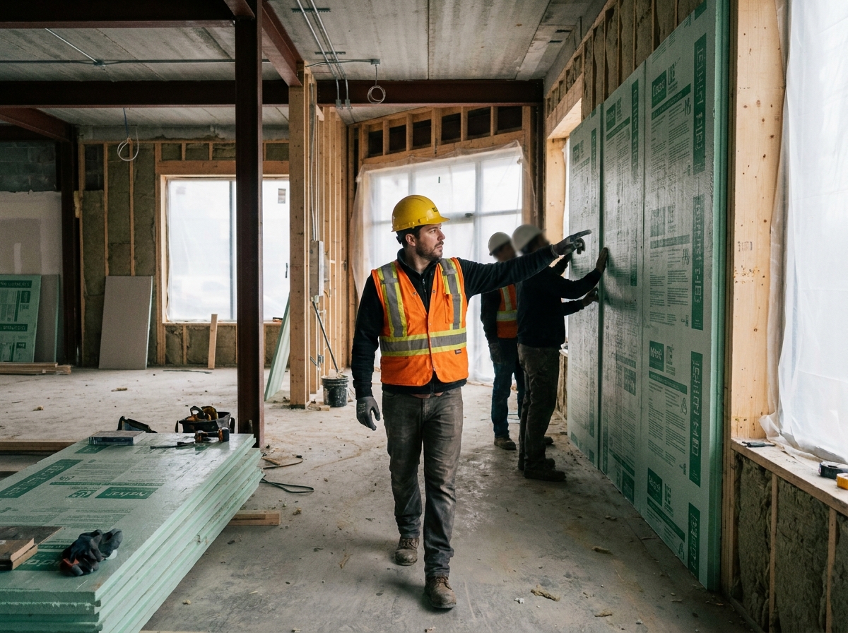 Technicien en construction inspectant des matériaux d'isolation écologique sur un chantier de rénovation certifiée
