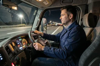 Chauffeur poids lourd de nuit concentré au volant de son camion sur l'autoroute