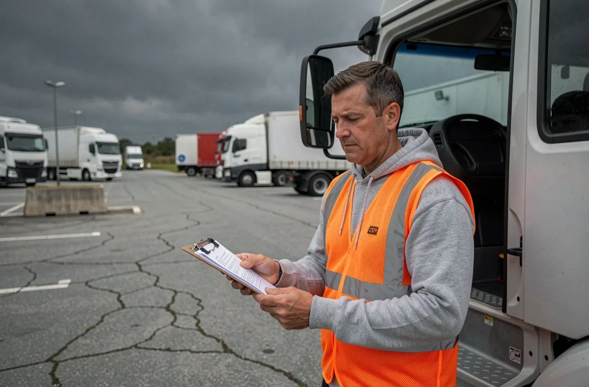 Chauffeur routier en gilet haute visibilité consultant ses documents à côté de son poids lourd