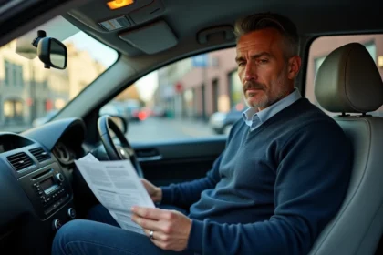 Homme chauffeur de taxi lisant des papiers officiels
