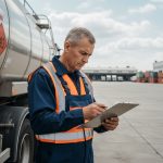 Transport de matières dangereuses : comment respecter les obligations réglementaires Photo hyperrealiste d'un chauffeur de camion en uniforme de sécurité