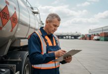 Transport de matières dangereuses : comment respecter les obligations réglementaires Photo hyperrealiste d'un chauffeur de camion en uniforme de sécurité
