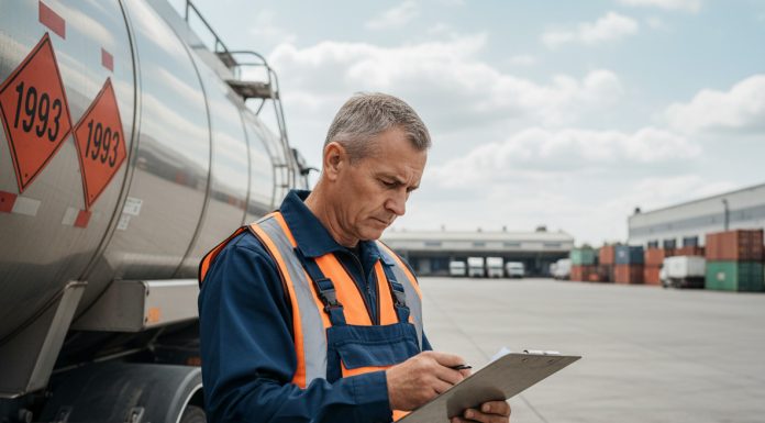 Transport de matières dangereuses : comment respecter les obligations réglementaires Photo hyperrealiste d'un chauffeur de camion en uniforme de sécurité