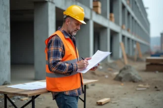 Chef de chantier examinant un devis structuré sur un chantier de construction en cours