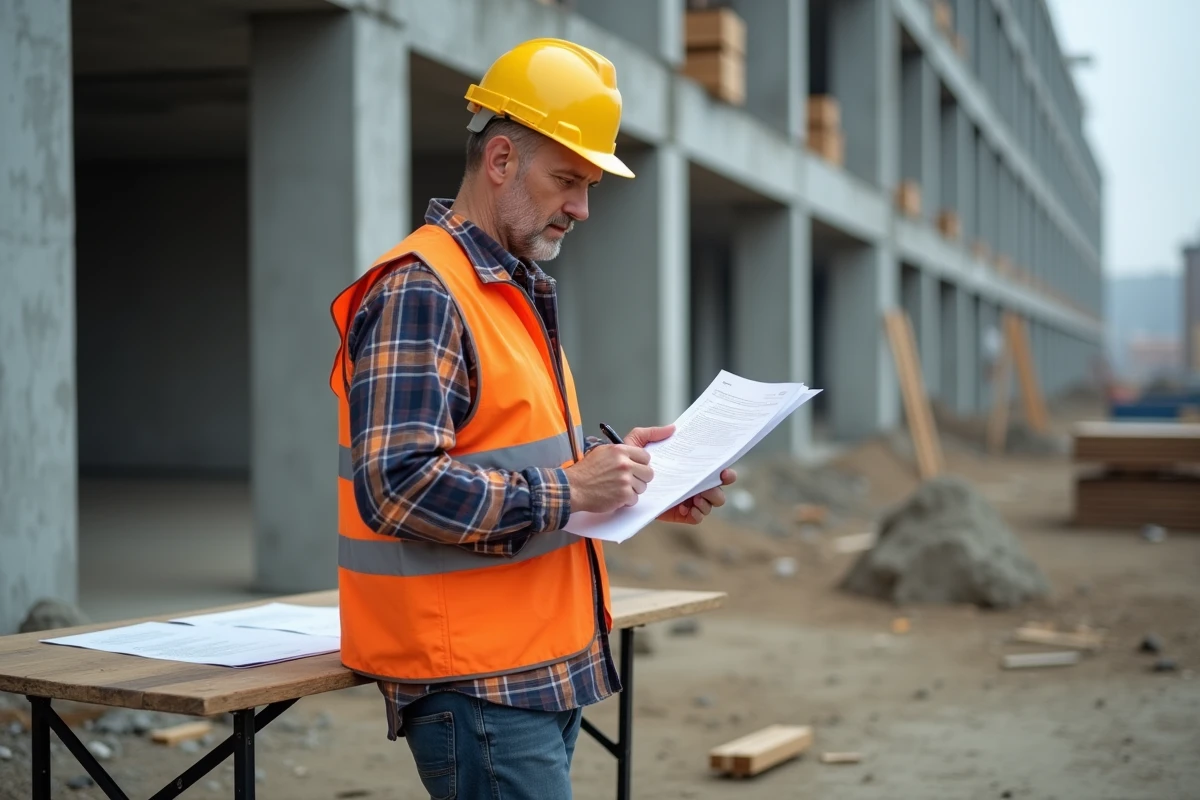 Chef de chantier examinant un devis structuré sur un chantier de construction en cours