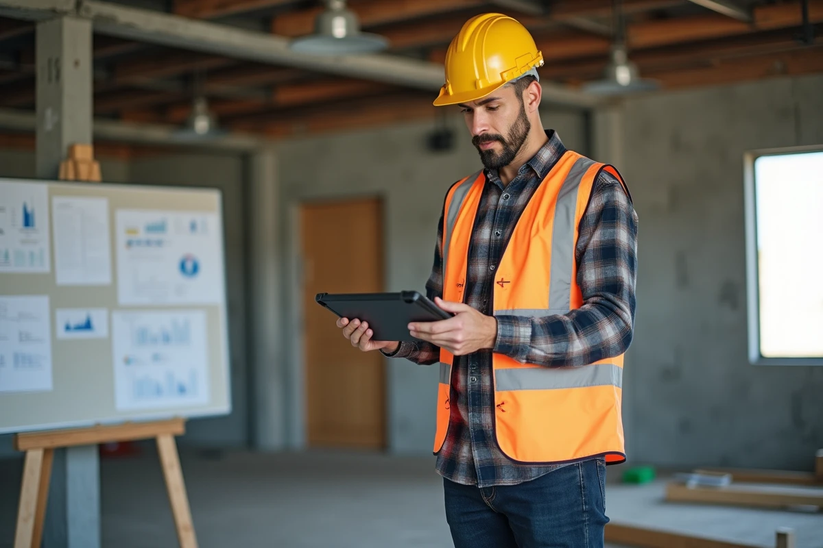 Manager de construction regardant plans numériques sur tablette