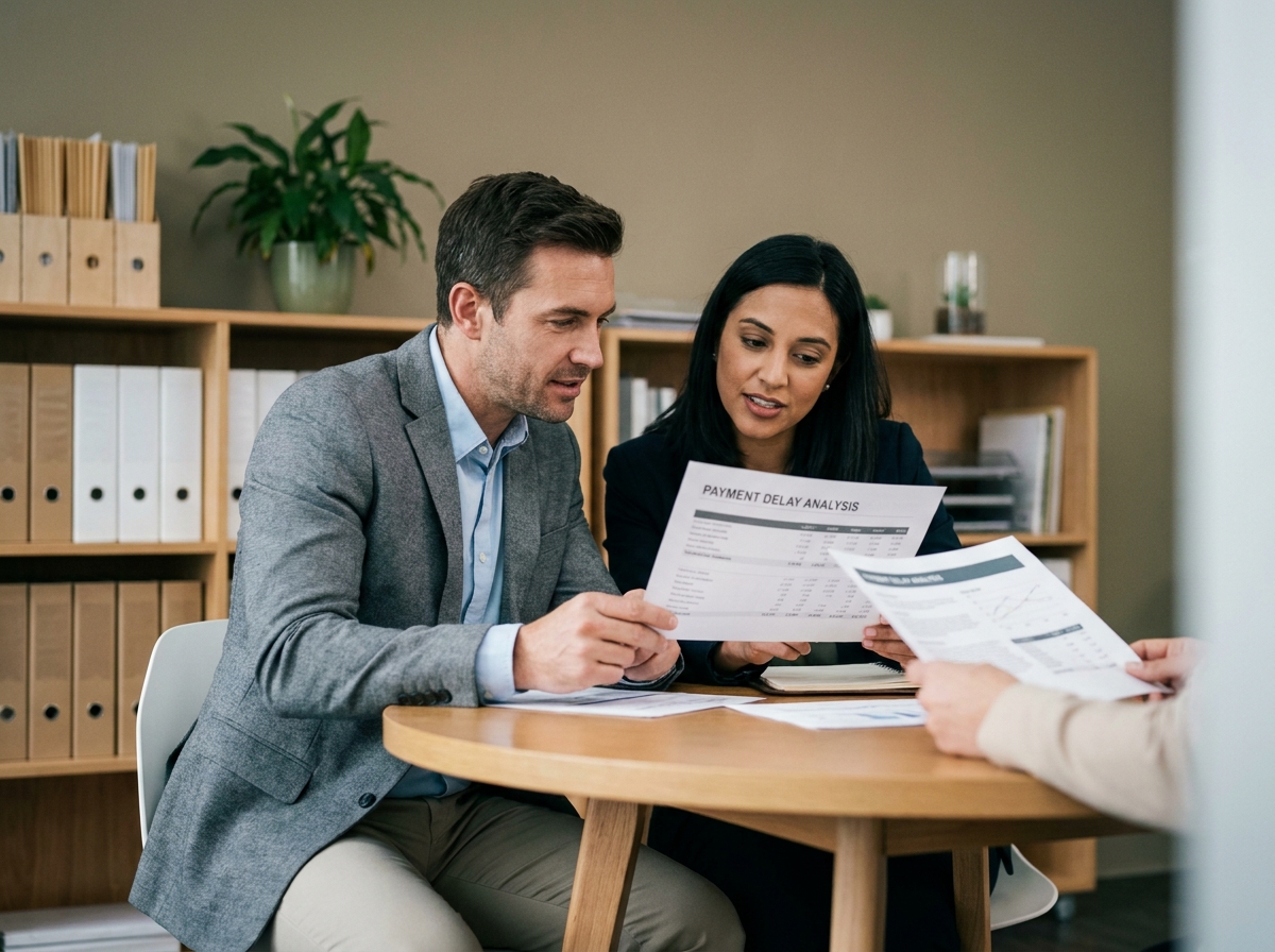Chef d'entreprise et comptable examinant ensemble un rapport d'analyse des délais de paiement