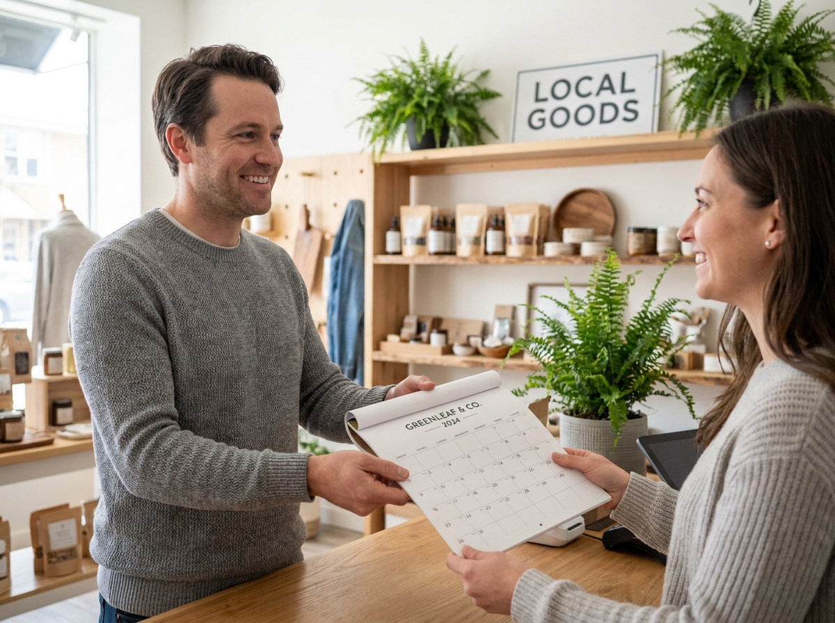 Chef d'entreprise remettant un calendrier personnalisé avec logo à un client dans une réception professionnelle accueillante