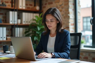 Cheffe d'entreprise PME lisant des idées de communication actionnables sur un ordinateur portable dans un bureau moderne et organisé