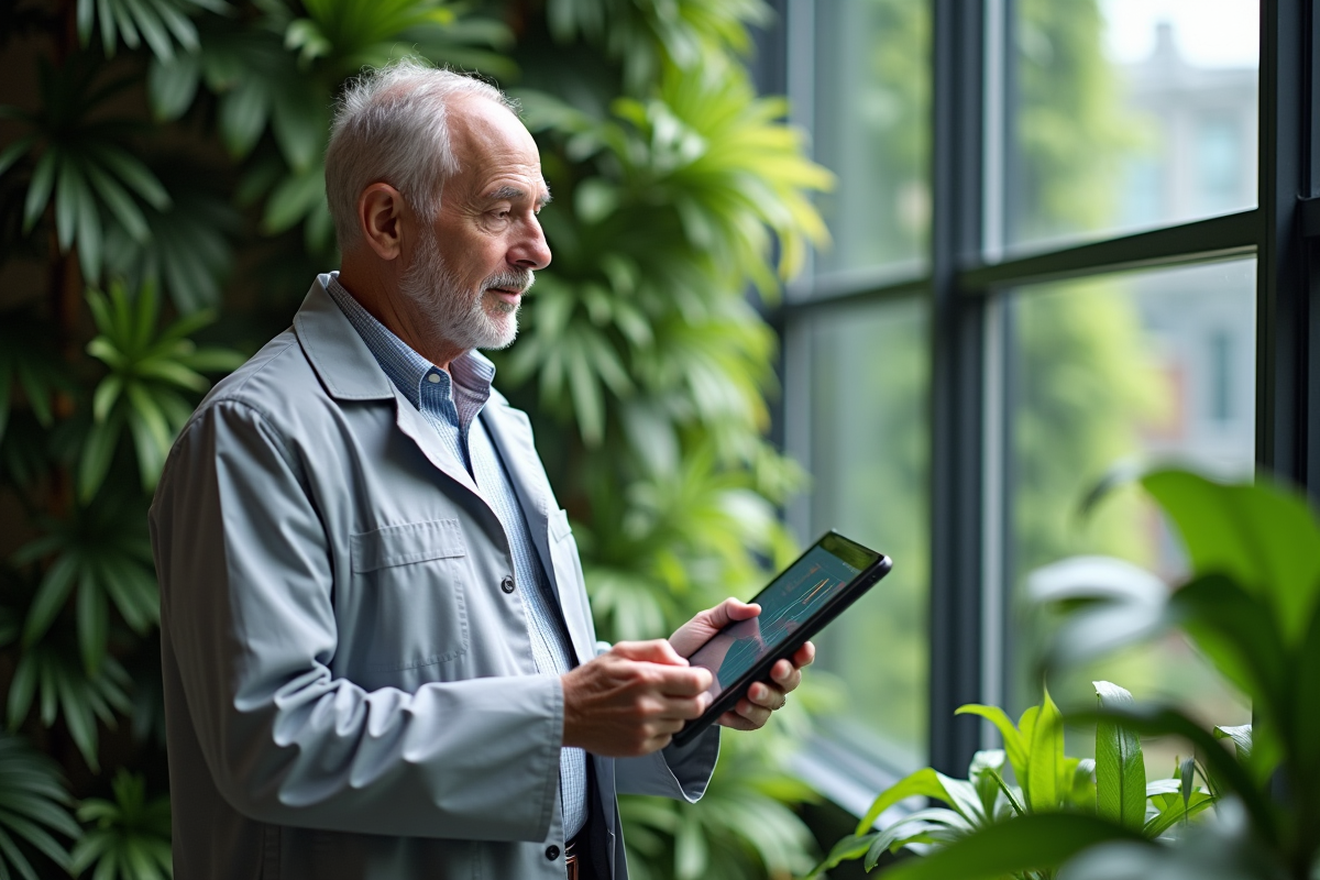 Chercheur âgé dans un laboratoire avec mur végétal