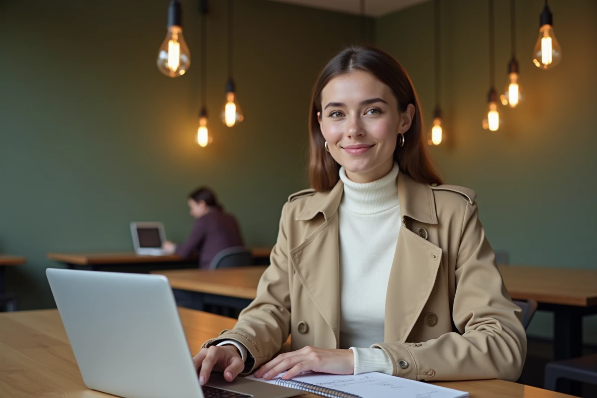 Jeune entrepreneuse prenant des notes pour choisir entre INPI Guichet unique et Legalstart dans un espace de coworking