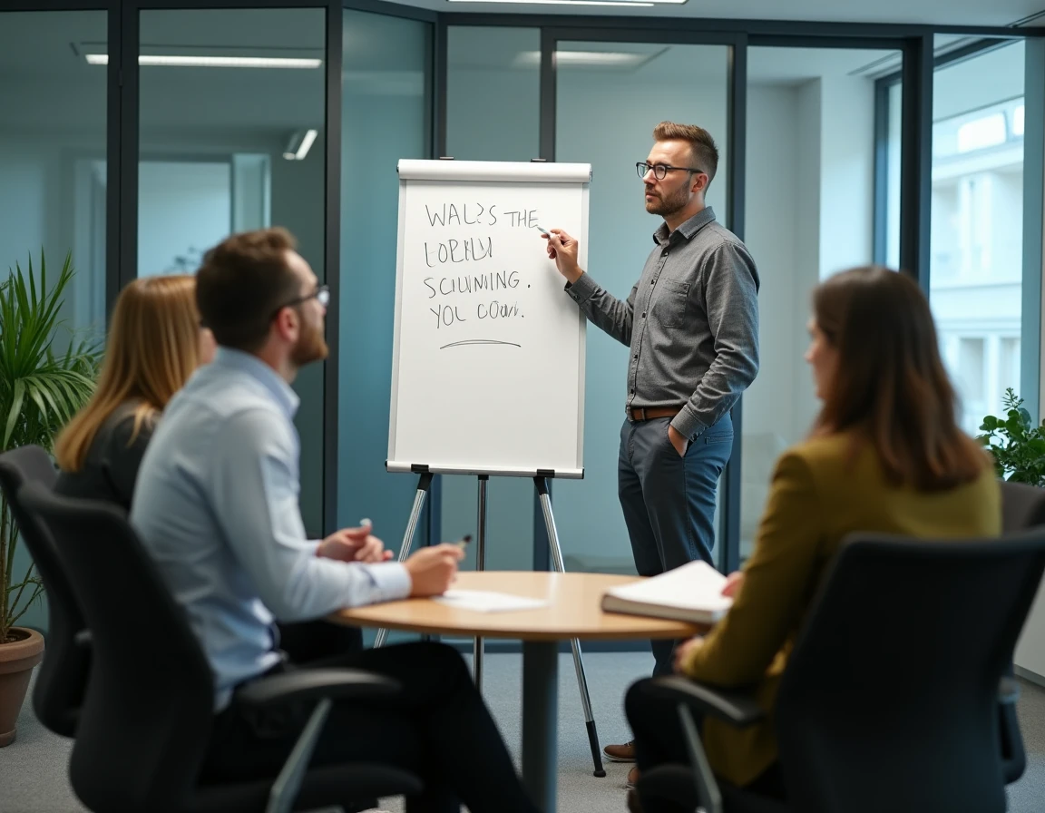 Animateur écrivant sur un tableau blanc devant son équipe attentive, illustrant le partage d'idées et la citation inspirante en milieu professionnel