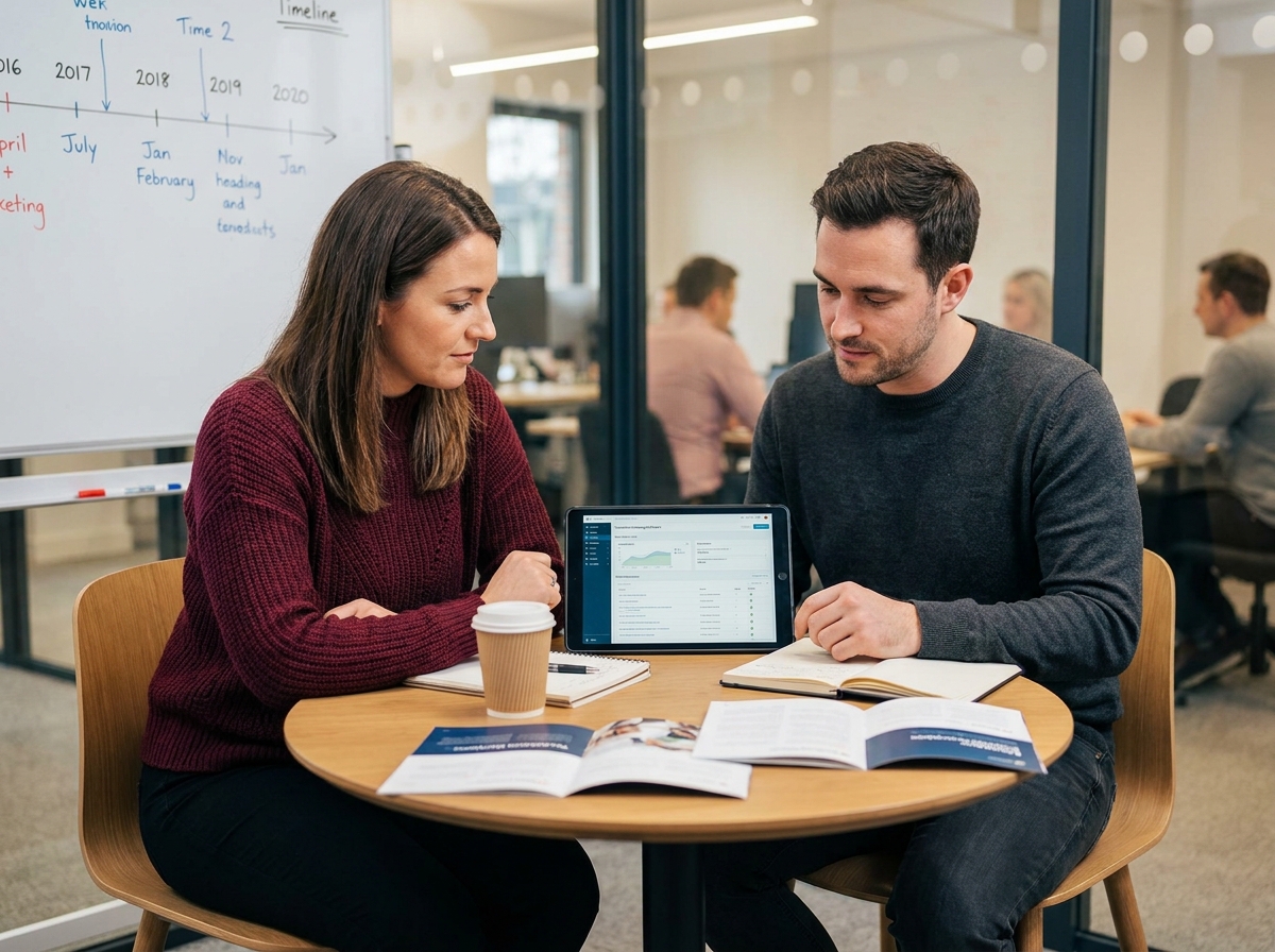 Deux collègues d'une petite entreprise collaborant sur un outil de gestion des traductions en salle de réunion