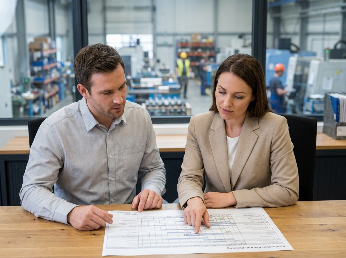 Deux collègues des services ventes et production collaborant sur un planning partagé dans un environnement industriel moderne