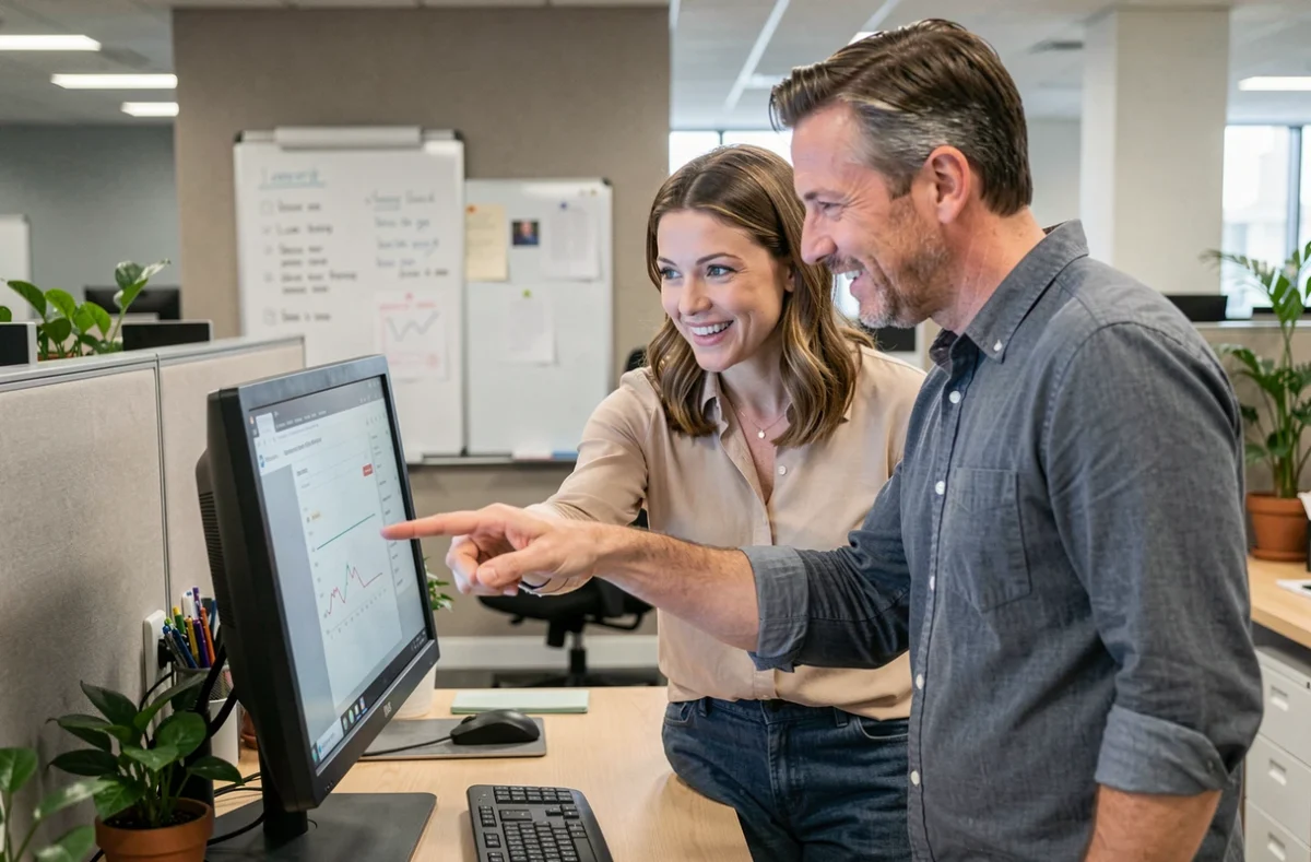 Deux collègues débutants explorant ensemble un nouveau site web sur un ordinateur de bureau en open space