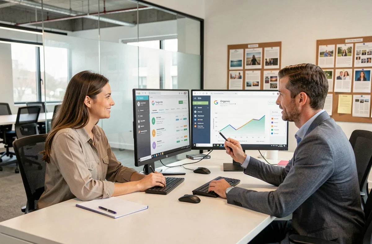 Deux consultants en marketing digital combinant stratégie SEO organique et campagnes SEA Google Ads sur des tableaux de bord intégrés dans une agence moderne