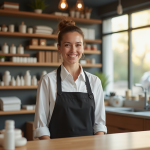 Commercant souriant derrière un comptoir bien rangé