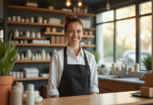 Commercant souriant derrière un comptoir bien rangé