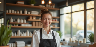 Commercant souriant derrière un comptoir bien rangé