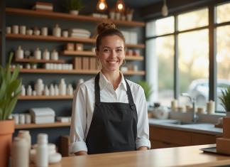Commercant souriant derrière un comptoir bien rangé