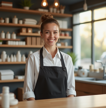 Commercant souriant derrière un comptoir bien rangé
