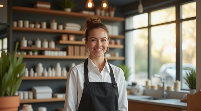 Commercant souriant derrière un comptoir bien rangé