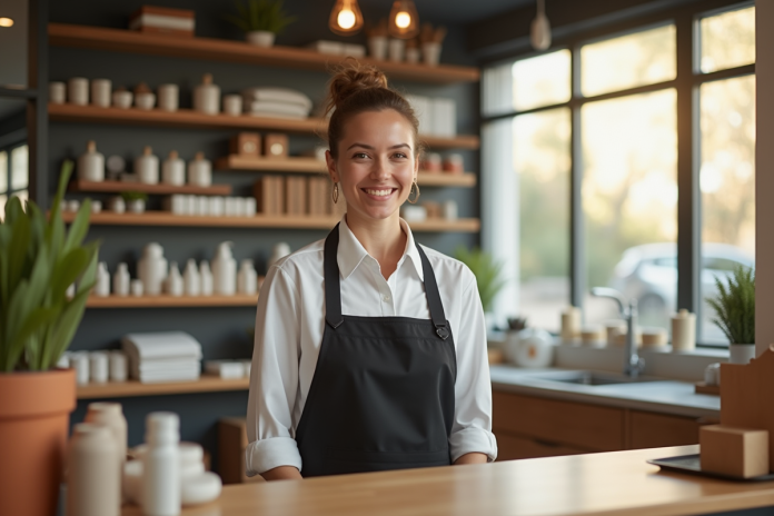 Commercant souriant derrière un comptoir bien rangé