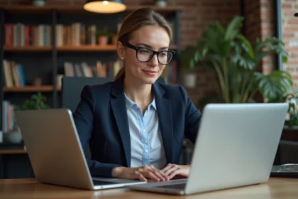 Femme professionnelle comparant un annuaire en ligne classique et une plateforme de mise en relation spécialisée sur deux écrans d'ordinateur portable dans un bureau moderne